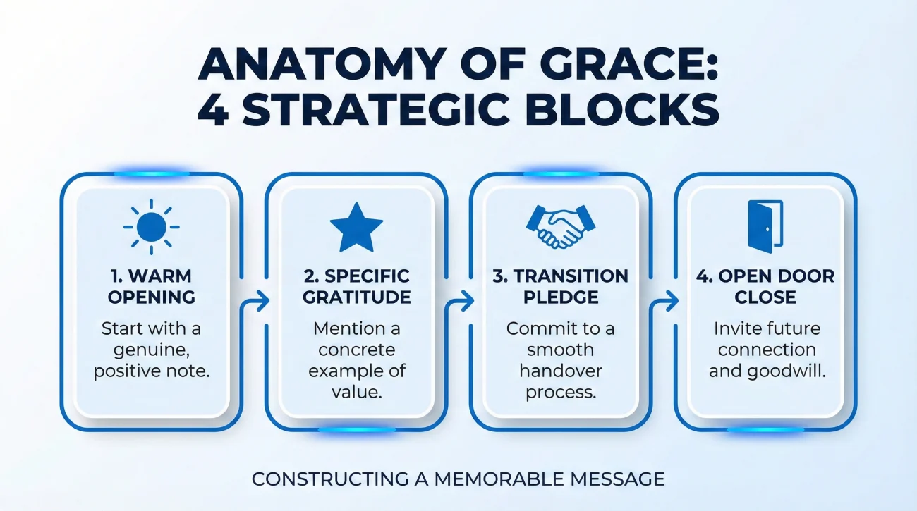 Polite Resignation Email: 7 Gracious Templates to Keep Your Network Strong 3 Anatomy Of A Gracious Email - 4 Blocks